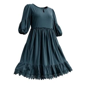 Matilda Jane womens Teal Blue Tiered Lace Trim Dress Puff Sleeve Keyhole Button